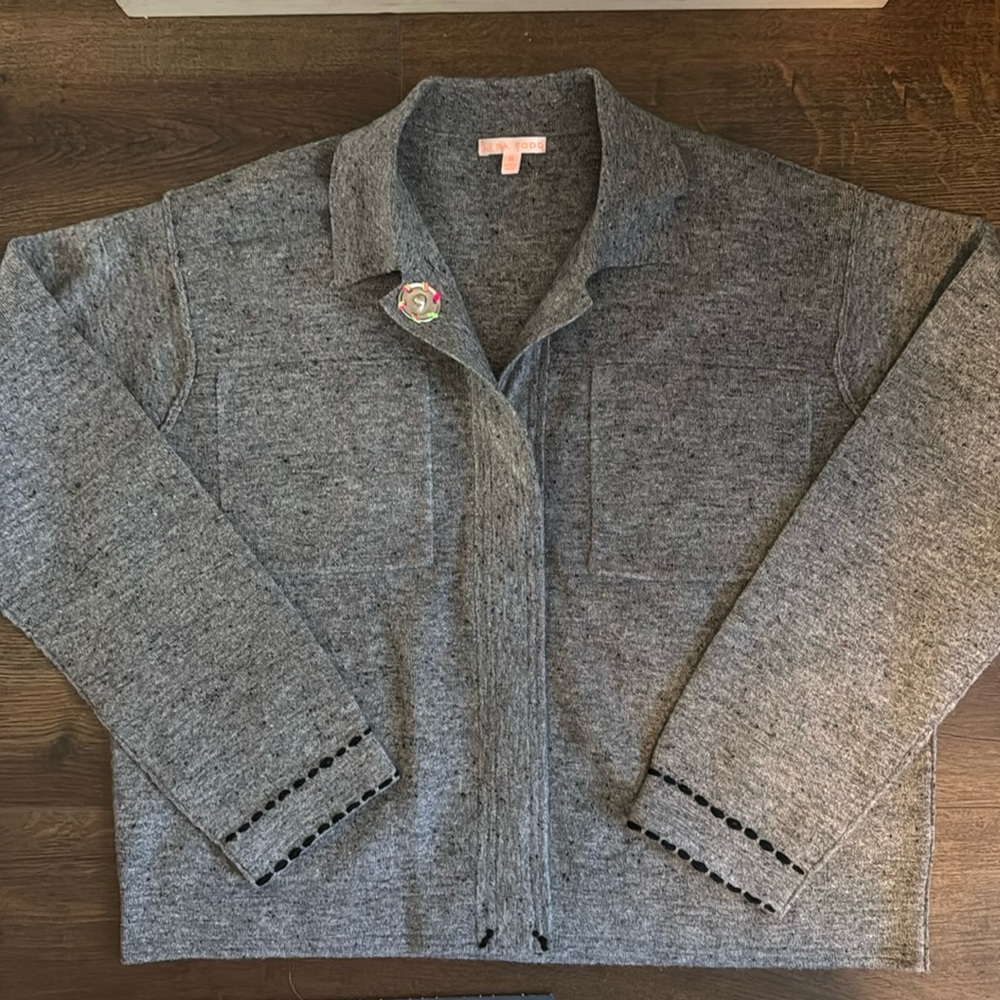 Lisa Todd Off Duty Cotton Wool Stretch Knit Collared Cardigan Speckle sweater M